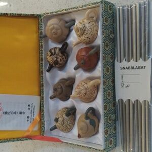 NEW Set Chinese Ceramic Miniature Teapots w/ Metal Chinese Chopsticks from IKEA